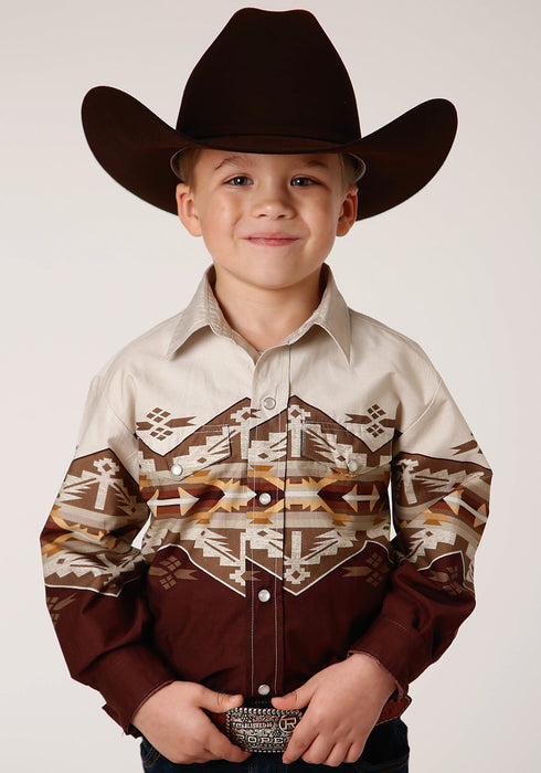 Roper Boys Kids Wine/Brown 100% Cotton Arizona Aztec Border L/S Shirt