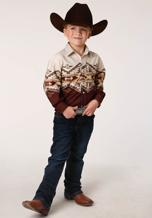 Roper Boys Kids Wine/Brown 100% Cotton Arizona Aztec Border L/S Shirt