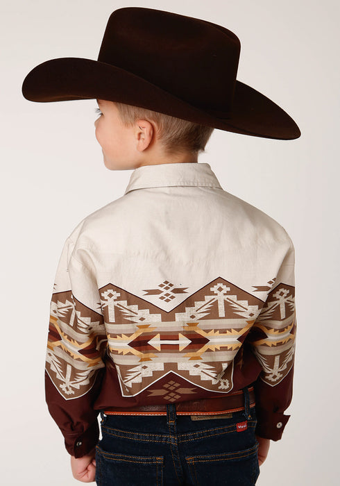 Roper Boys Kids Wine/Brown 100% Cotton Arizona Aztec Border L/S Shirt