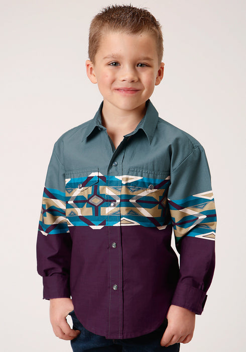 Roper Boys Kids Wine 100% Cotton Tile Aztec L/S Border Shirt