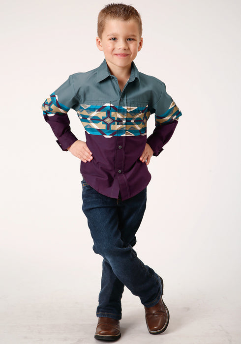 Roper Boys Kids Wine 100% Cotton Tile Aztec L/S Border Shirt