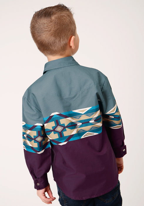 Roper Boys Kids Wine 100% Cotton Tile Aztec L/S Border Shirt