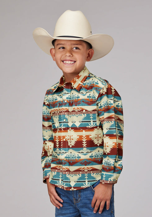 Roper Kids Boys Horizontal Aztec Serape Wine 100% Cotton L/S Shirt