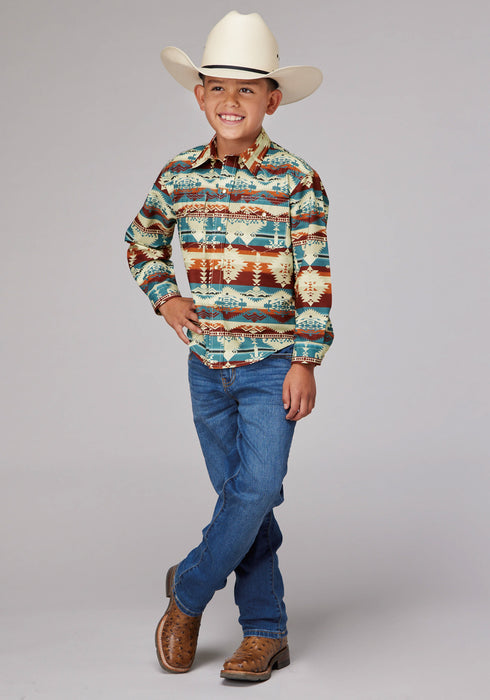 Roper Kids Boys Horizontal Aztec Serape Wine 100% Cotton L/S Shirt