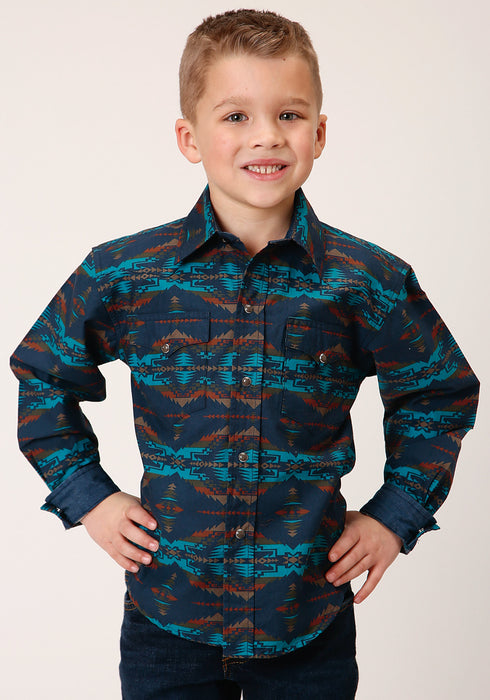 Roper Boys Kids Blue 100% Cotton Turquoise Blanket BD L/S Shirt