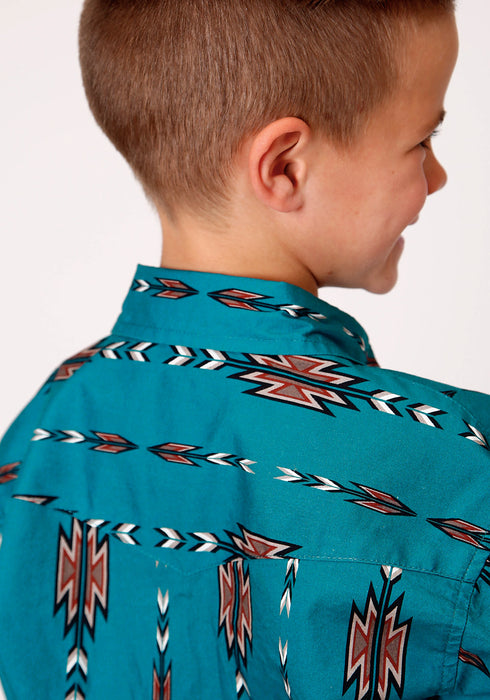 Roper Boys Kids Teal 100% Cotton Aztec Stripe L/S Shirt