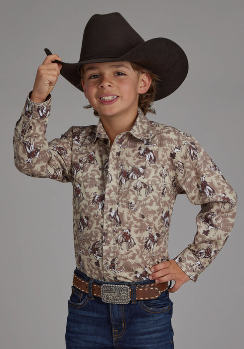 Roper Kids Boys Brushstroke Cowboys Brown 100% Cotton L/S Shirt