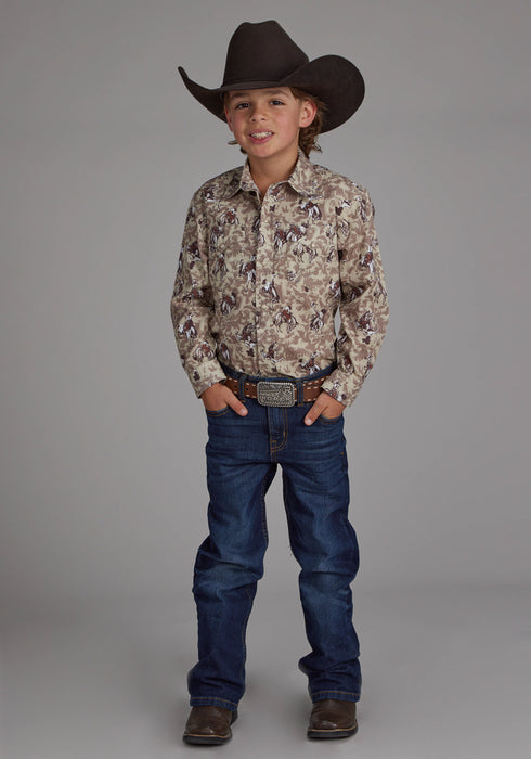 Roper Kids Boys Brushstroke Cowboys Brown 100% Cotton L/S Shirt