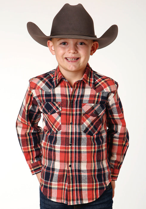 Roper Boys Kids Orange 100% Cotton Unlined Flannel Plaid L/S Shirt