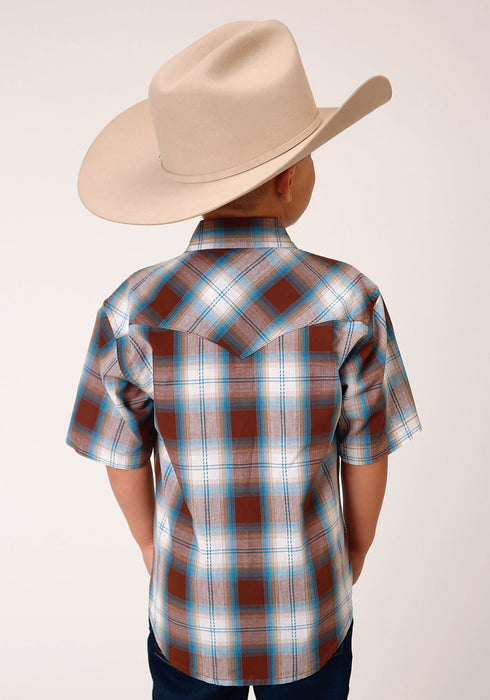 Roper Boys Kids Brown/Blue 100% Cotton Dobby Check S/S Shirt