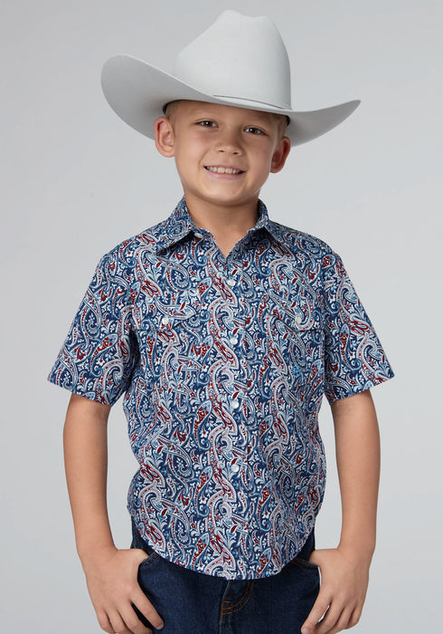 Roper Kids Boys 2024 River Paisley Blue 100% Cotton S/S Shirt