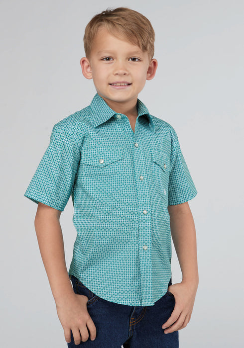 Roper Kids Boys 2025 Stretch Neat Teal Cotton Blend S/S Shirt