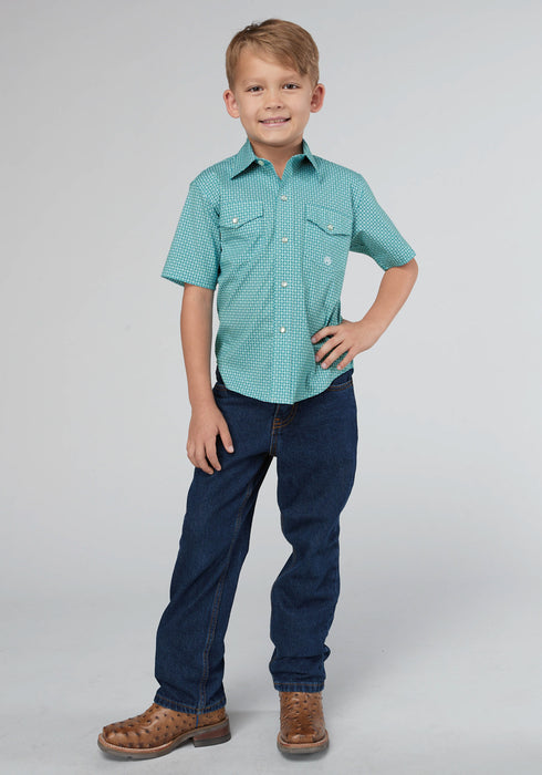 Roper Kids Boys 2025 Stretch Neat Teal Cotton Blend S/S Shirt