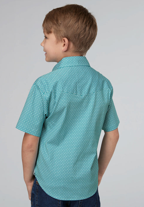 Roper Kids Boys 2025 Stretch Neat Teal Cotton Blend S/S Shirt