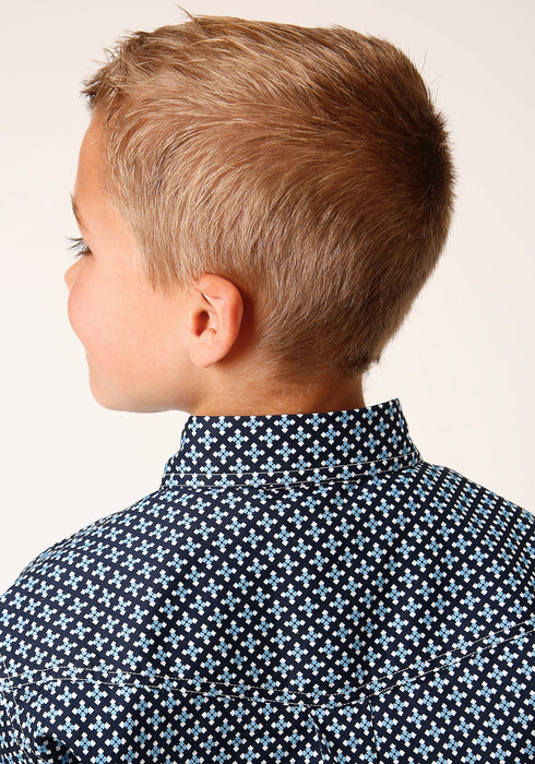 Roper Boys Kids Blue 100% Cotton Four Leaf Foulard BD S/S Button Shirt