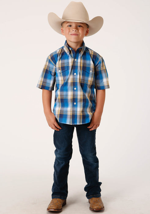 Roper Boys Kids Blue 100% Cotton Clear Sky Plaid BD S/S Button Shirt