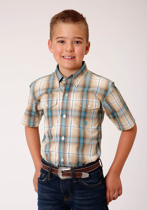 Roper Boys Kids Khaki/Blue 100% Cotton Saddle Plaid BD S/S Shirt