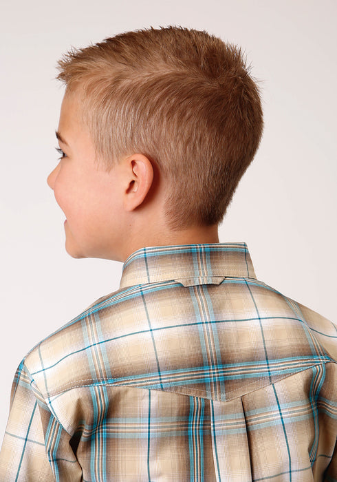 Roper Boys Kids Khaki/Blue 100% Cotton Saddle Plaid BD S/S Shirt