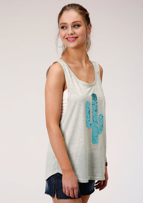 Roper Womens Grey Poly/Rayon Glitter Cactus S/L Tank Top