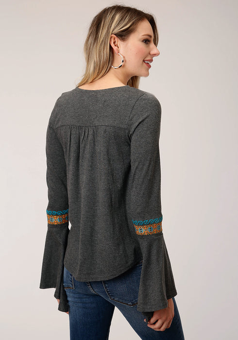 Roper Womens Heather Gray 100% Cotton Peasant Top L/S Tunic