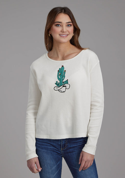 Roper Womens Cactus in Hat Cream Cotton Blend L/S T-Shirt