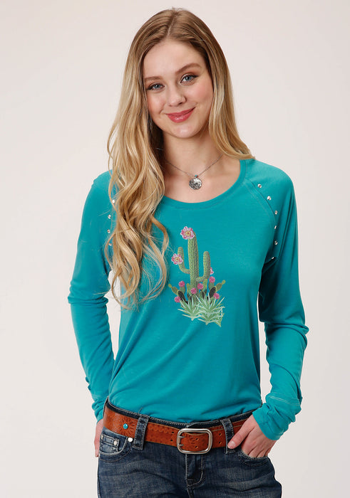 Roper Womens Turquoise Poly/Rayon Floral Cactus L/S T-Shirt