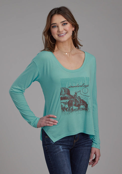 Roper Womens Wanderlust Turquoise Poly/Rayon L/S T-Shirt