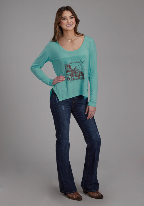 Roper Womens Wanderlust Turquoise Poly/Rayon L/S T-Shirt