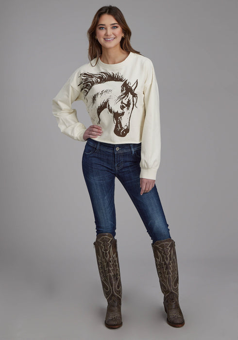 Roper Womens Large Horse Head Cream 100% Cotton L/S T-Shirt