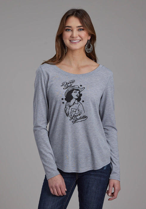 Roper Womens Cowgirl Saddle Grey Poly/Rayon L/S T-Shirt