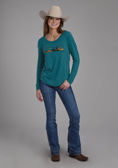 Roper Womens Sedona Sunset Teal Poly/Rayon L/S T-Shirt