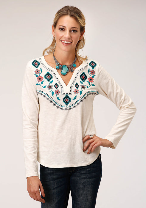 Roper Womens White 100% Cotton Slub Knit L/S Aztec T-Shirt