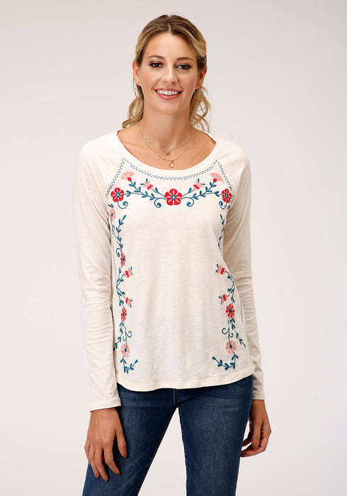 Roper Womens Cream 100% Cotton Floral Crewel L/S Embroidery T-Shirt