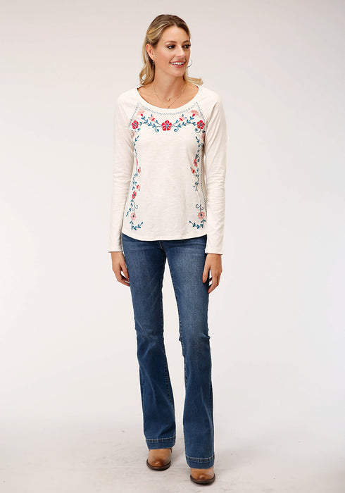 Roper Womens Cream 100% Cotton Floral Crewel L/S Embroidery T-Shirt