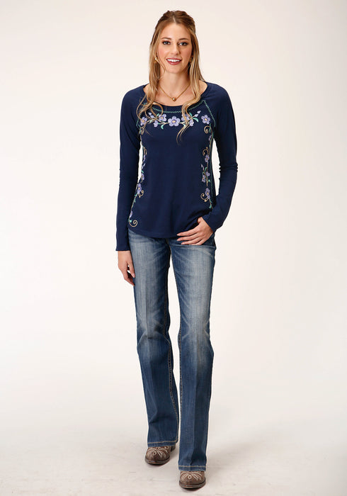 Roper Womens Navy 100% Cotton Floral Crewel L/S T-Shirt