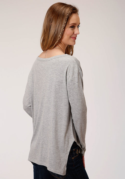 Roper Womens Grey Poly/Rayon Raw Edge Yoke L/S T-Shirt