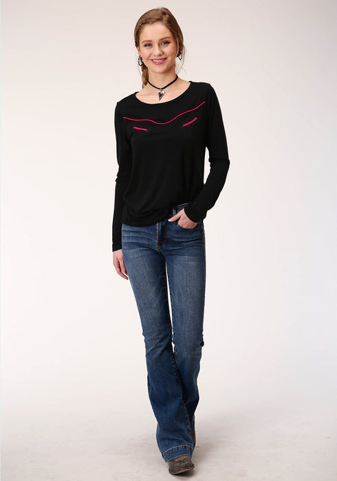 Roper Womens Black Poly/Rayon Pink Fancy L/S T-Shirt