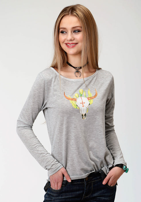 Roper Womens Heather Grey Poly/Rayon Longhorn L/S T-Shirt