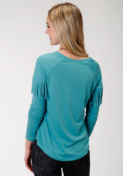 Roper Womens Turquoise Poly/Rayon Feathers & Fringe L/S T-Shirt