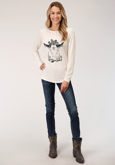 Roper Womens Oatmeal Poly/Rayon Longhorn L/S T-Shirt