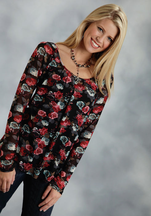 Roper Nostalgia Ladies Black Polyester Allover Floral L/S Shirt