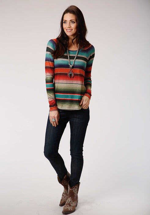 Roper Womens Multi-Color Polyester Striped Raglan L/S T-Shirt