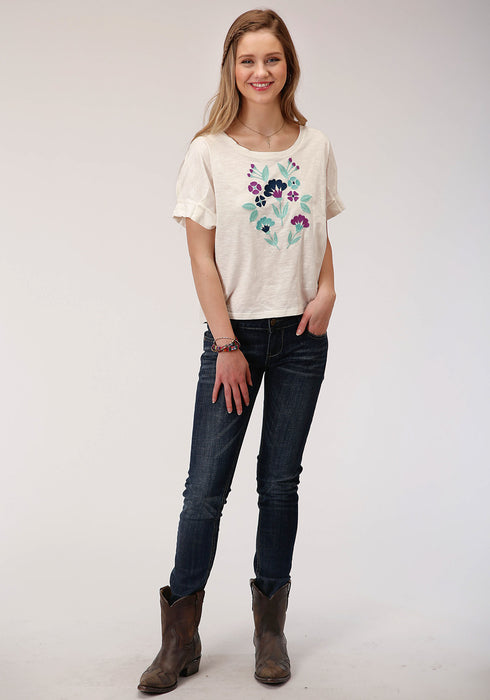 Roper Womens Cream 100% Cotton Purple Floral S/S T-Shirt