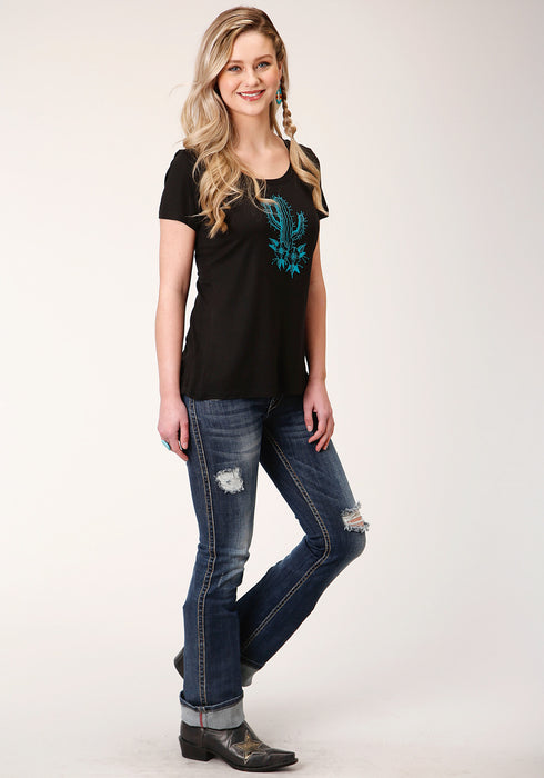 Roper Womens Black Poly/Rayon Blue Cactus S/S T-Shirt