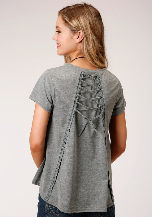 Roper Womens Charcoal Grey Poly/Rayon Inset Crochet S/S T-Shirt