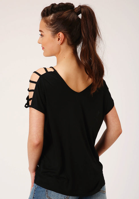 Roper Womens Black Poly/Rayon Cold Shoulder S/S Strappy T-Shirt