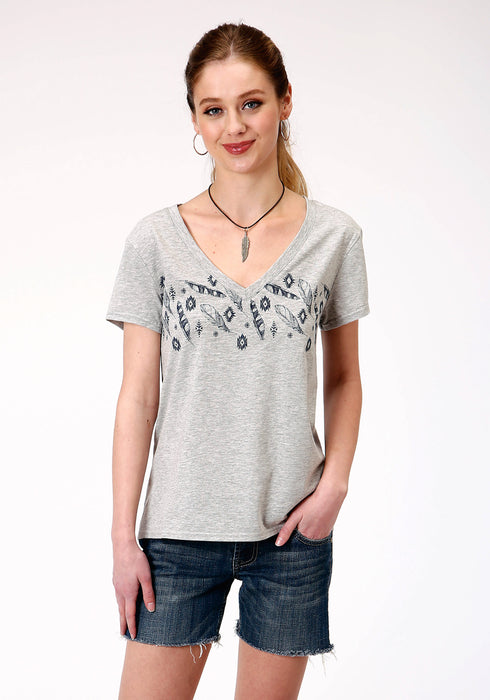 Roper Womens Grey Poly/Rayon Feathers S/S V-Neck T-Shirt