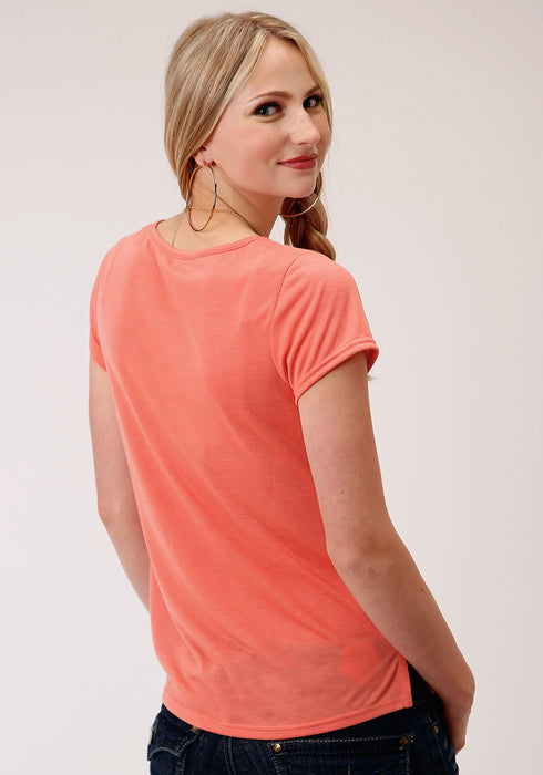 Roper Womens Coral Red Poly/Rayon Curved Yoke S/S T-Shirt