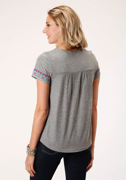 Roper Womens Heather Gray 100% Cotton Aztec Embroidery S/S T-Shirt