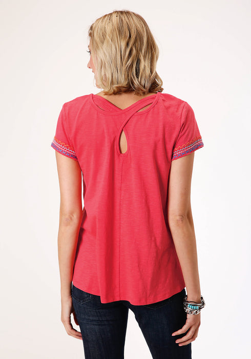 Roper Womens Red 100% Cotton Geometric Sleeves S/S T-Shirt